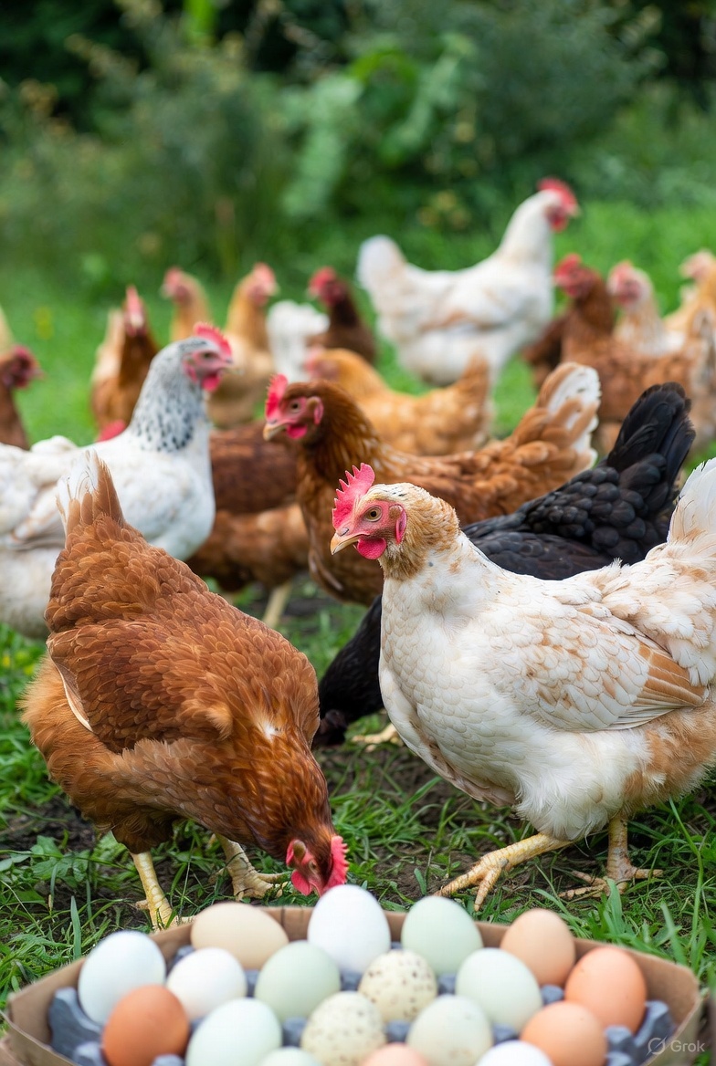 Close-up of fresh colorful chicken eggs with chickens